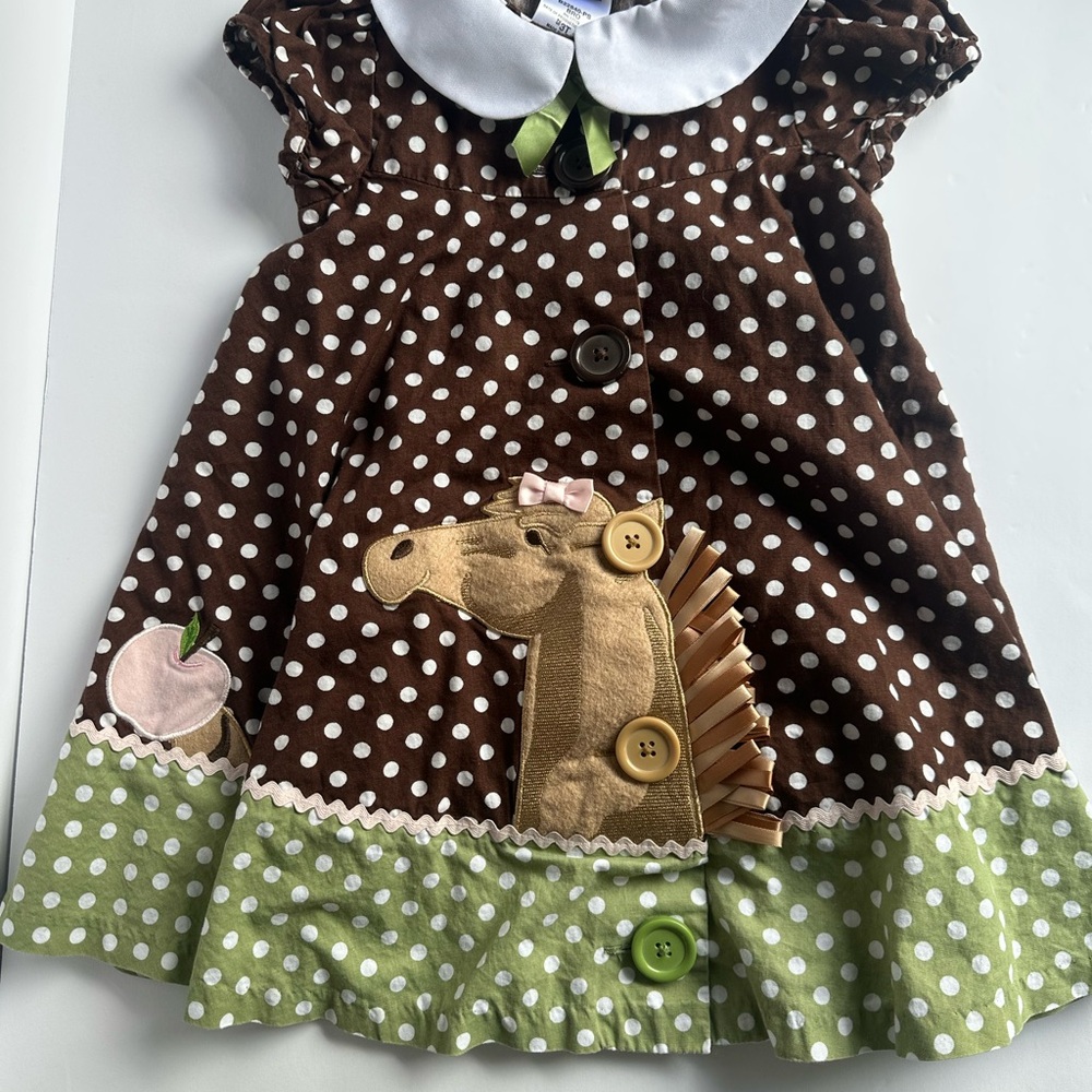 Brown Polka Dot Dress with Horse Appliqué 3T
